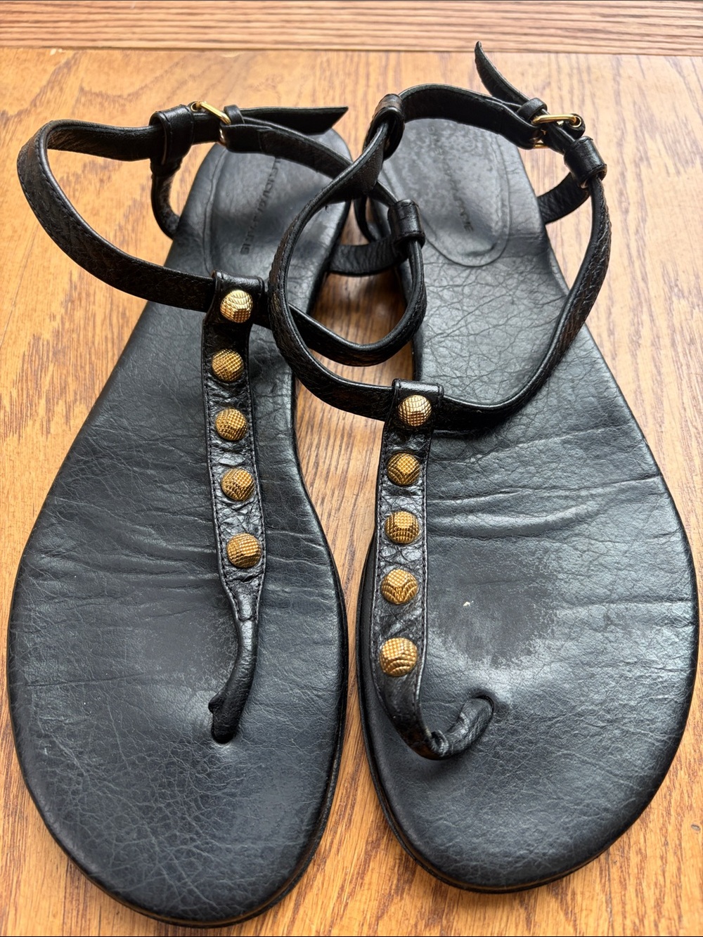 Balenciaga Black Leather T-Strap Sandals with Gold Studs